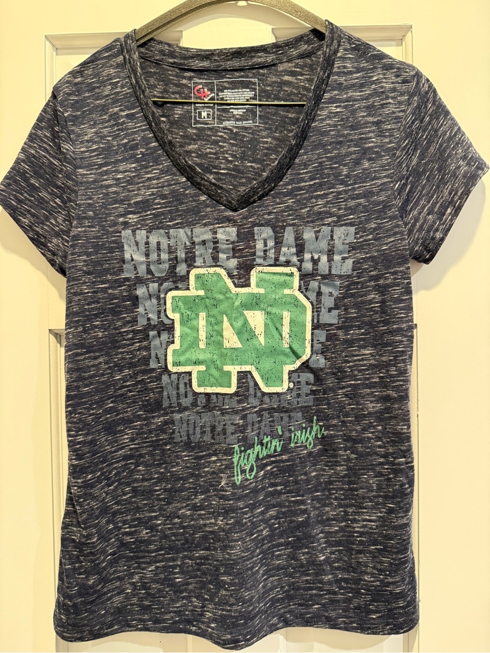 Campus Heritage Navy Heather V-Neck Tee w/ Notre Dame Logo, size Women’s Medium